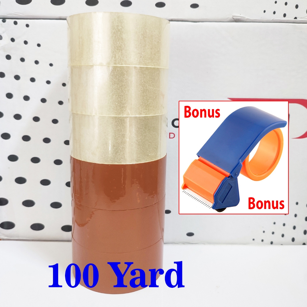 

(Bonus Tape Cutter) 3 Pcs Lakban Bening + 3 Pcs Coklat 45mm x 100 yard Ekonomis - Lakban Packing Paket