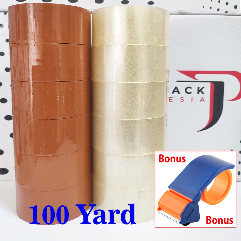 

(Bonus Tape Cutter) 6 Pcs Lakban Bening - Coklat 45mm x 100 yard Ekonomis - Lakban Packing Paket