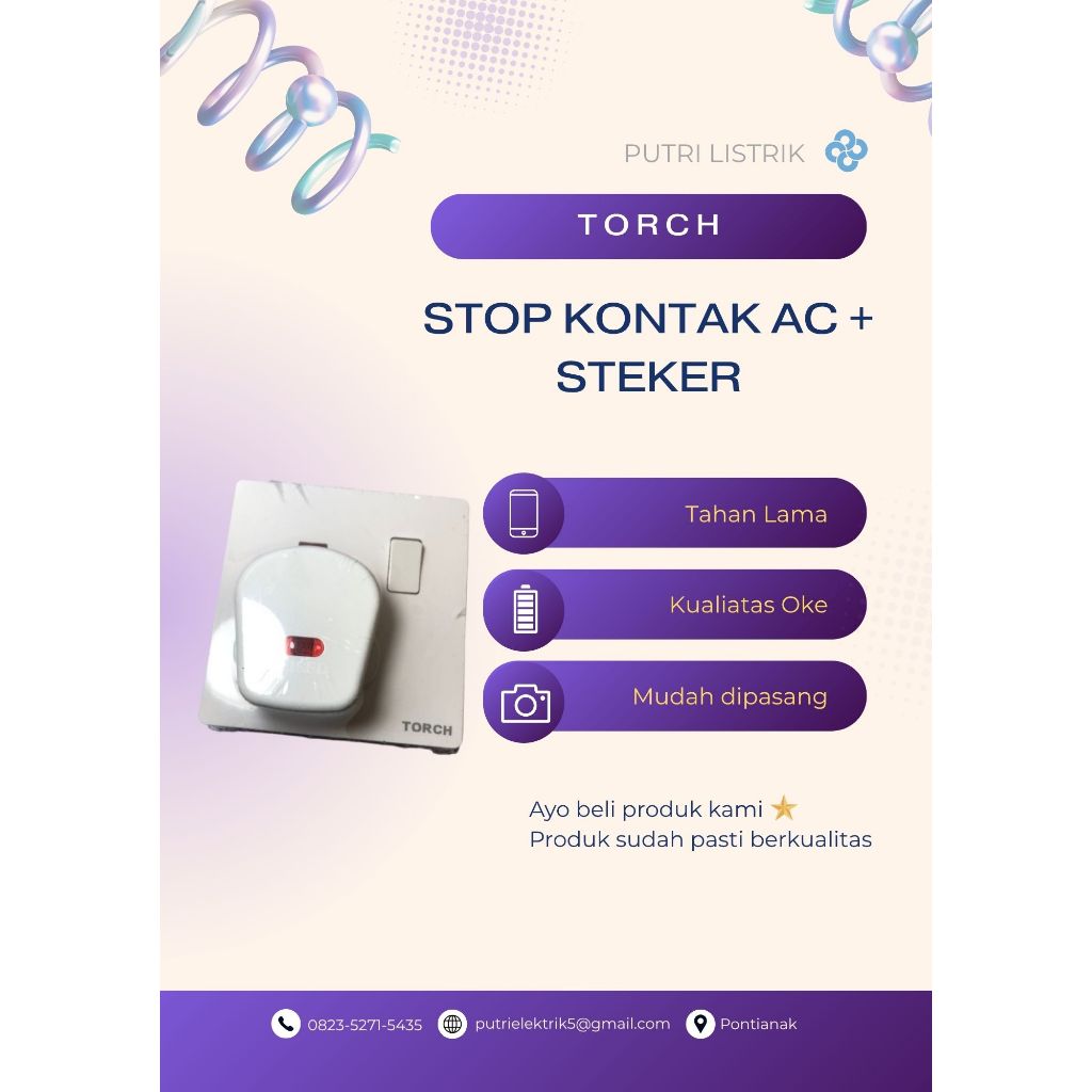 SET Stop Kontak AC + Steker AC Colokan FUSED Kaki 3 Pin Kaki Merk TORCH