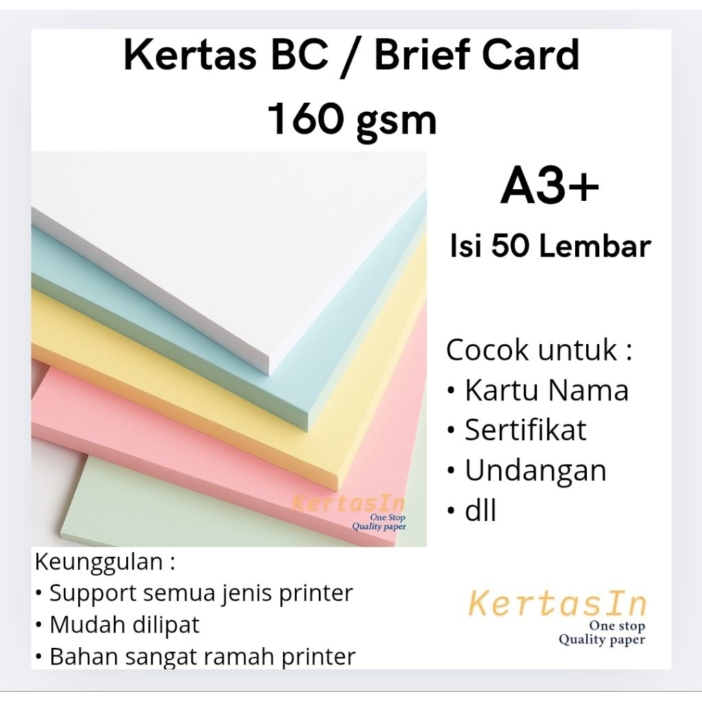 

Kertas BC 160 gsm A3+ Isi 50 Lembar Warna Pastel – Karton Manila / Brief Card Tebal - Cocok Untuk Cover, Undangan, Sertifikat dan Kartu Nama.