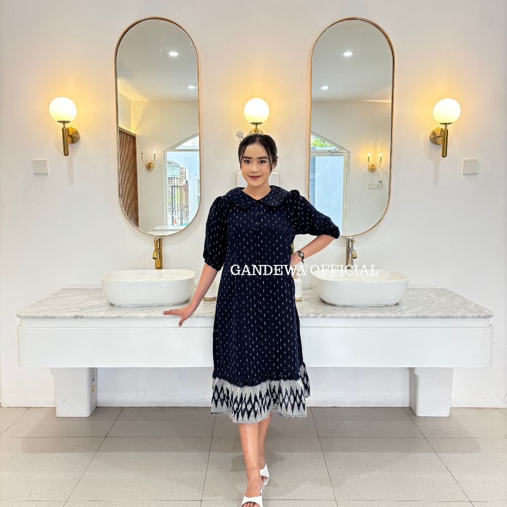 GANDEWA TENUN || MARISSA Dress Tunik Tenun Blanket Casual Motif Bintik Navy