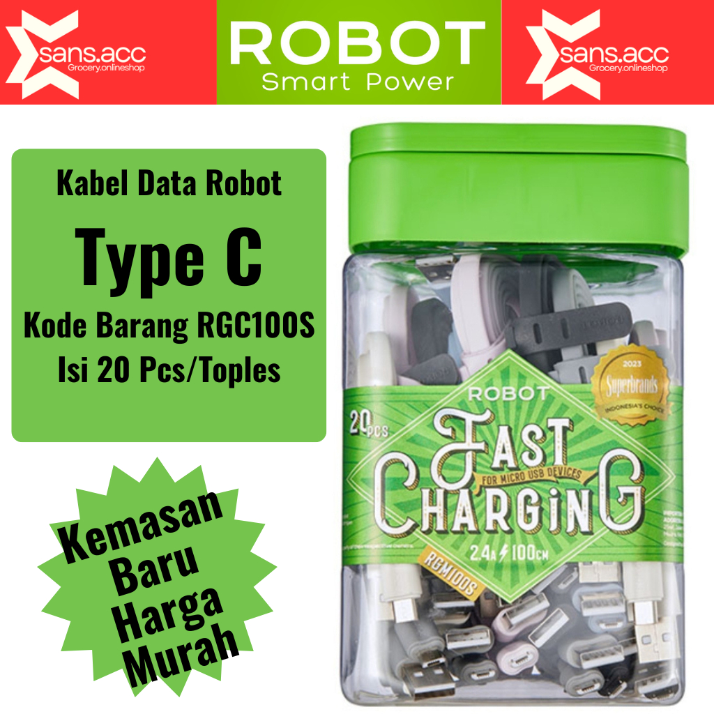 Kabel Data  ROBOT TYPE-C RGC100S Kabel Data Toples USB to Type C 100cm (1 Toples isi 20 Pcs)