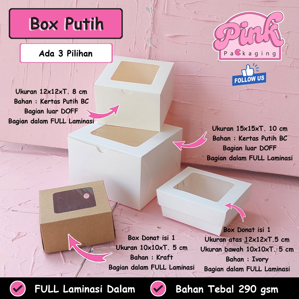

Box Tart Cake Donat Dimsum Bahan Ivory / BC Doff Model Window Full Laminasi 10x10 12x12 15x15 Tebal