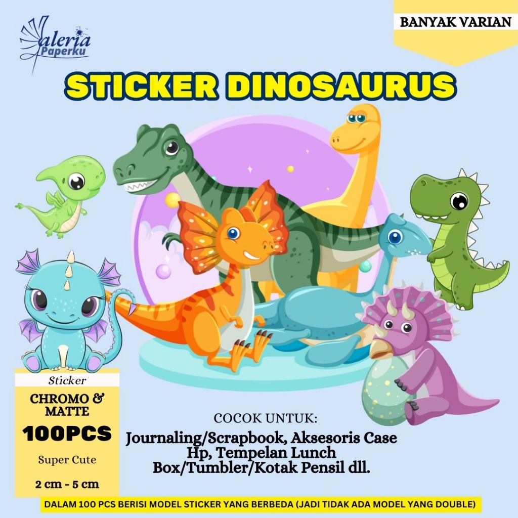 

Sticker Dinosaurus 100 pcs Bahan Chromo dan Matte Ukuran 2-5 cm untuk Journaling dan Dekorasi