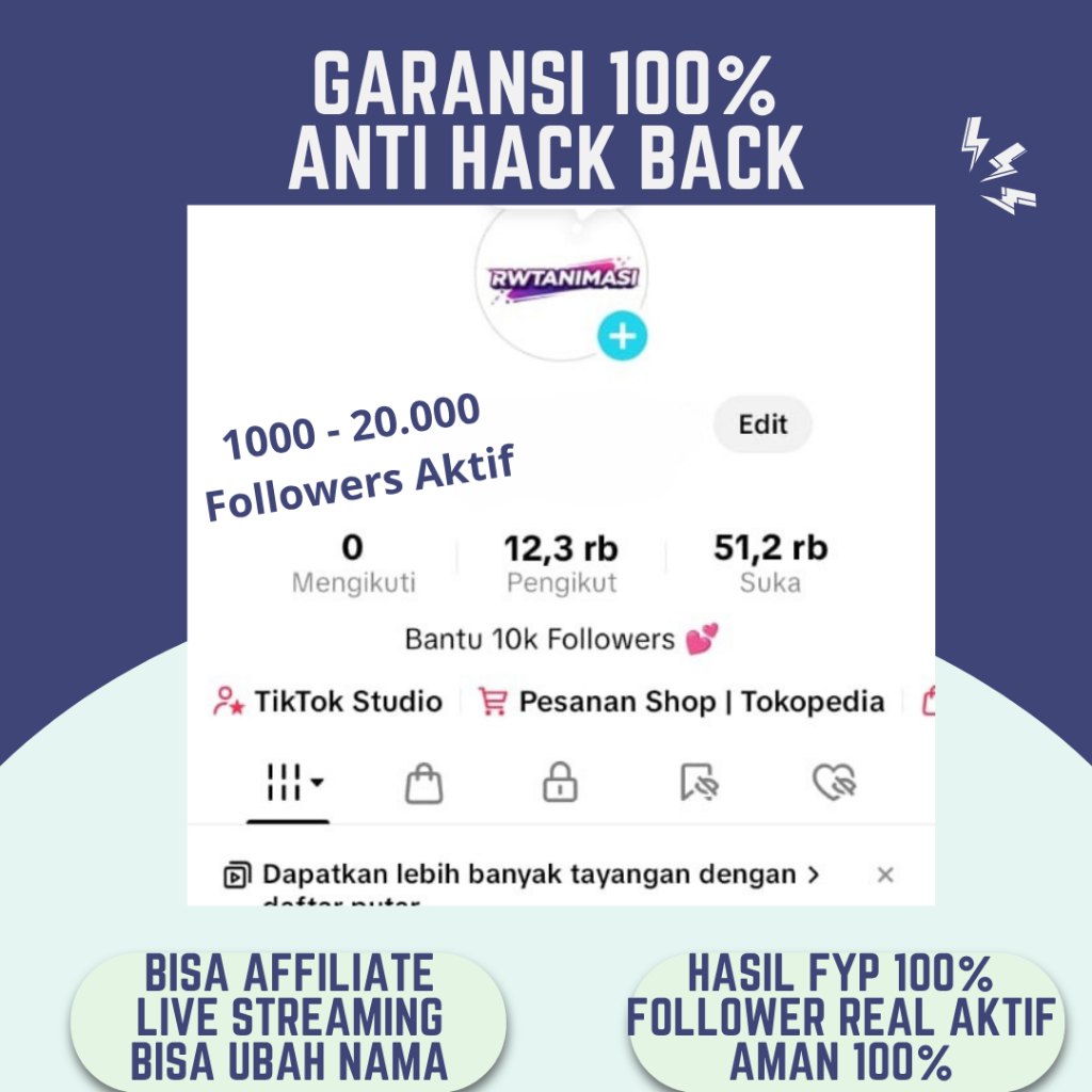 Akun TikTok Follower 1k-20k Fyp Permanen Real Indo Followers Aktif Bisa Live Garansi 100%