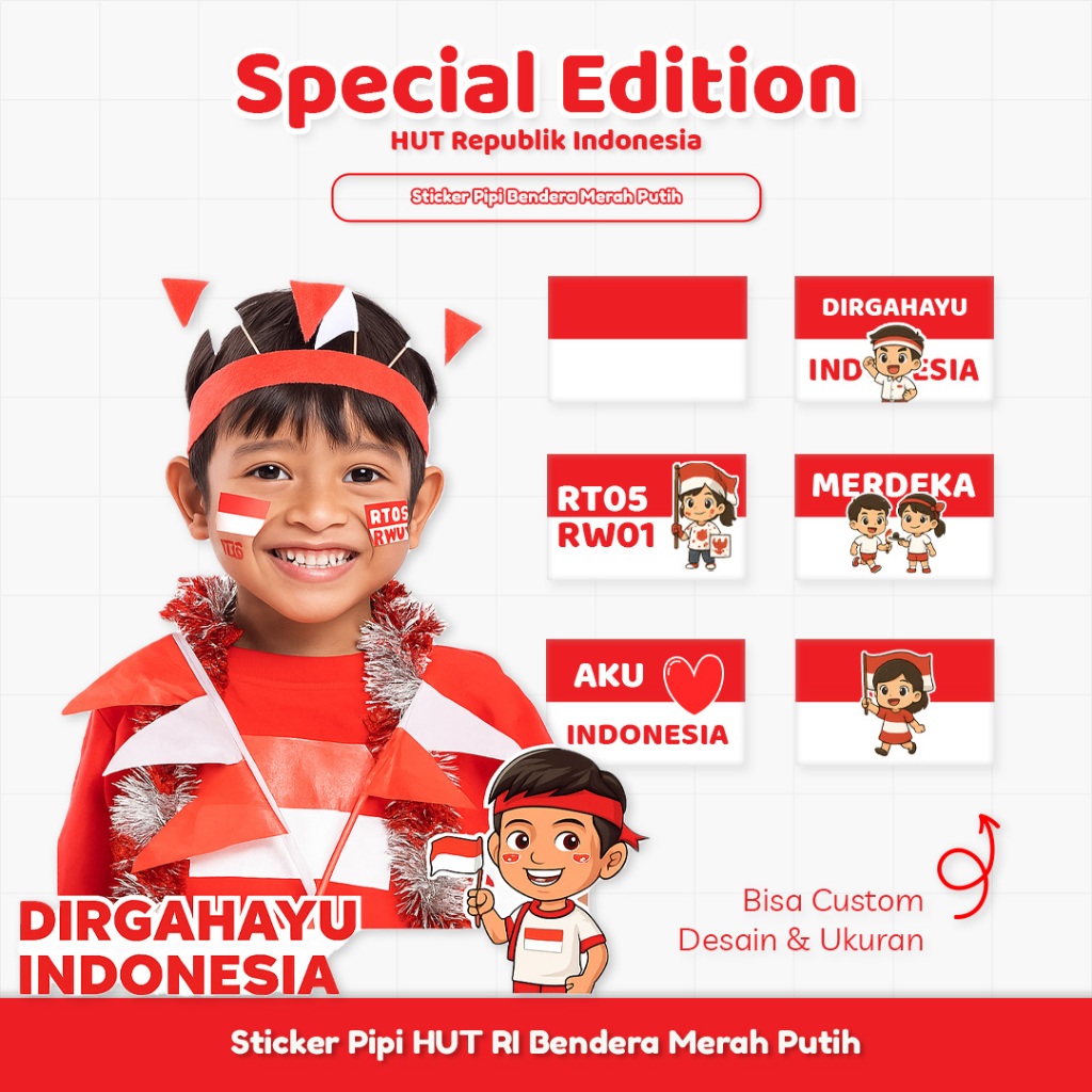

Custom 55-95 Pcs Stiker Pipi Bendera Merah Putih Bebas Desain Teks Warna Anak-Anak & Dewasa
