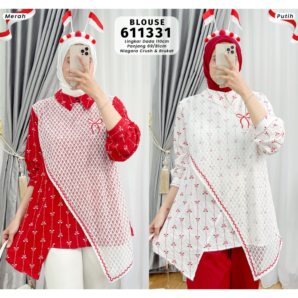 Naila Blouse Merah Putih | Atasan Stylish | Niagara crush+brukat fit to Xl besar | Edisi Agustus