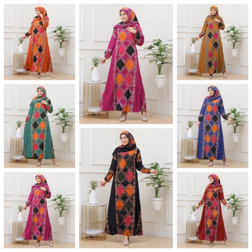 gamis batik cap storjoan set hijab magenta,gamis set hijab terbaru.motif baru.kuning kunyit