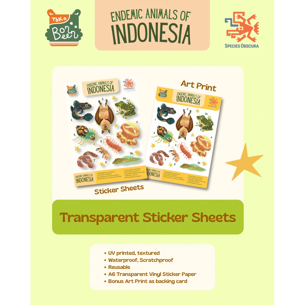

[Toko Bonbeen x Species Obscura] Transparent Sticker Sheets + Artprint Bundle Premium stiker hewan hewan endemic indonesia