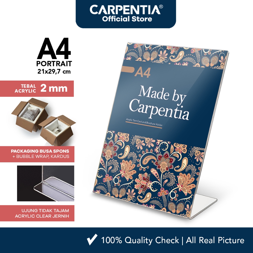 

Carpentia | Acrylic Standing Tipe L - A4 Vertikal Portrait 21x29,7 cm -[Akrilik Display Brosur Menu]