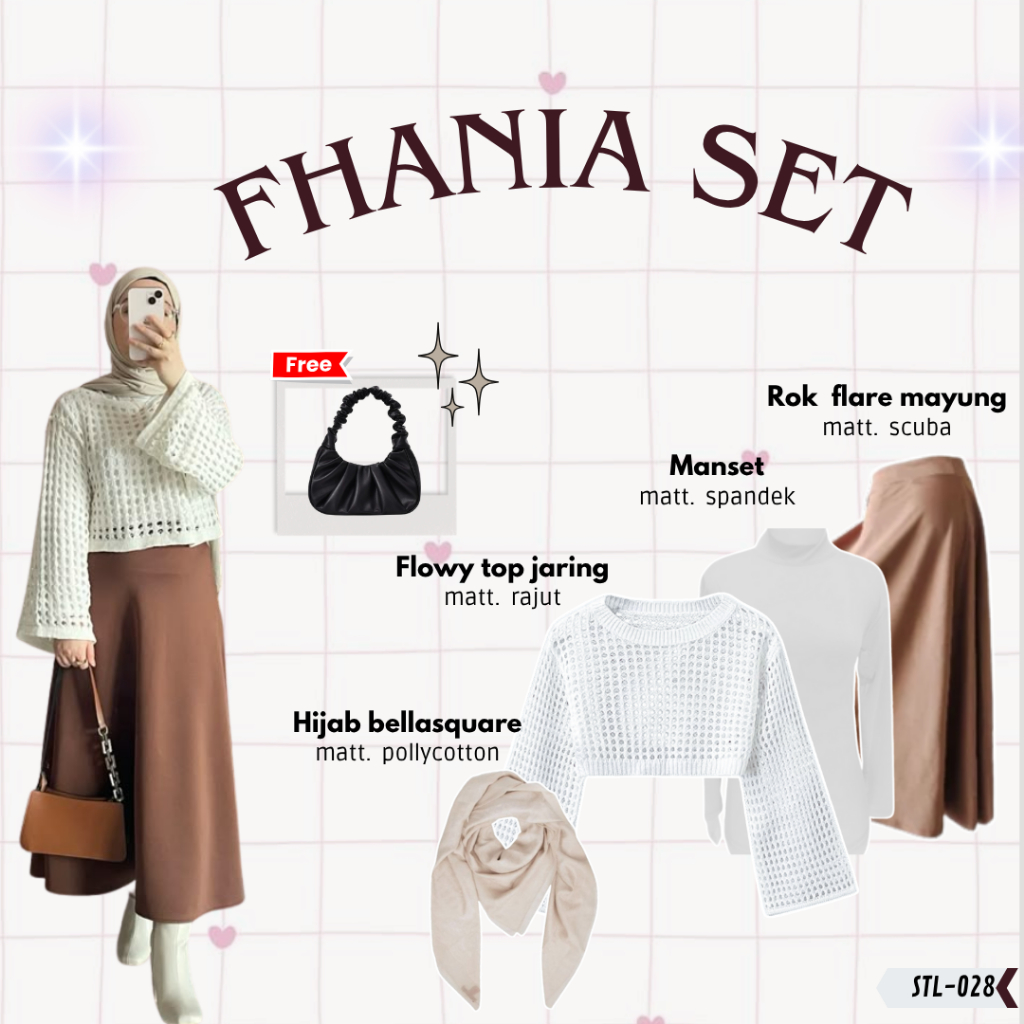 Setelan Rok 4in 1 Korean Style Free Gift Fhania Set Stl-028 [ Outer Flowy Top Jaring +Rok Flare Scub