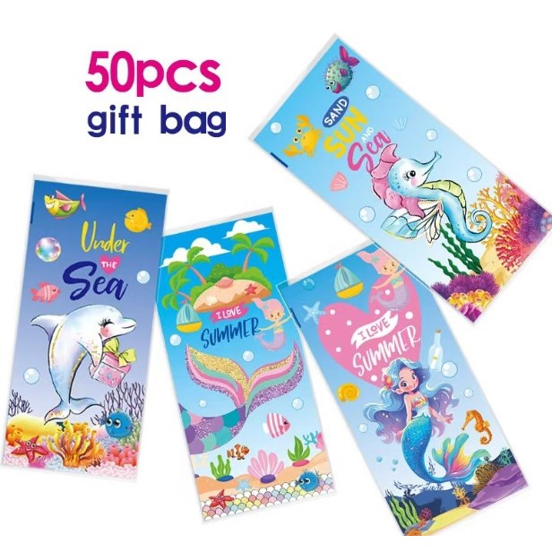 

50PC PLASTIK 4IN1 BINGKISAN KUE COOKIES SNACK PERMEN SOUVENIR HAMPERS PESTA ULANG TAHUN ANAK MOTIF MERMAID SUN SEA SUMMER / Mermaid Packaging