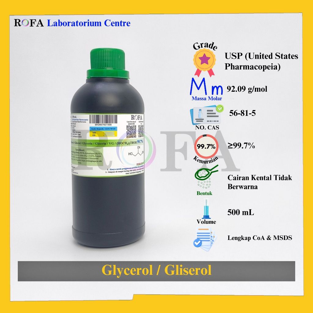 Glycerol / Gliserol / Glycerin / Gliserin / VG / Vegetable Glycerin / (HOCH2)2CHOH USP 99.7% 500 mL