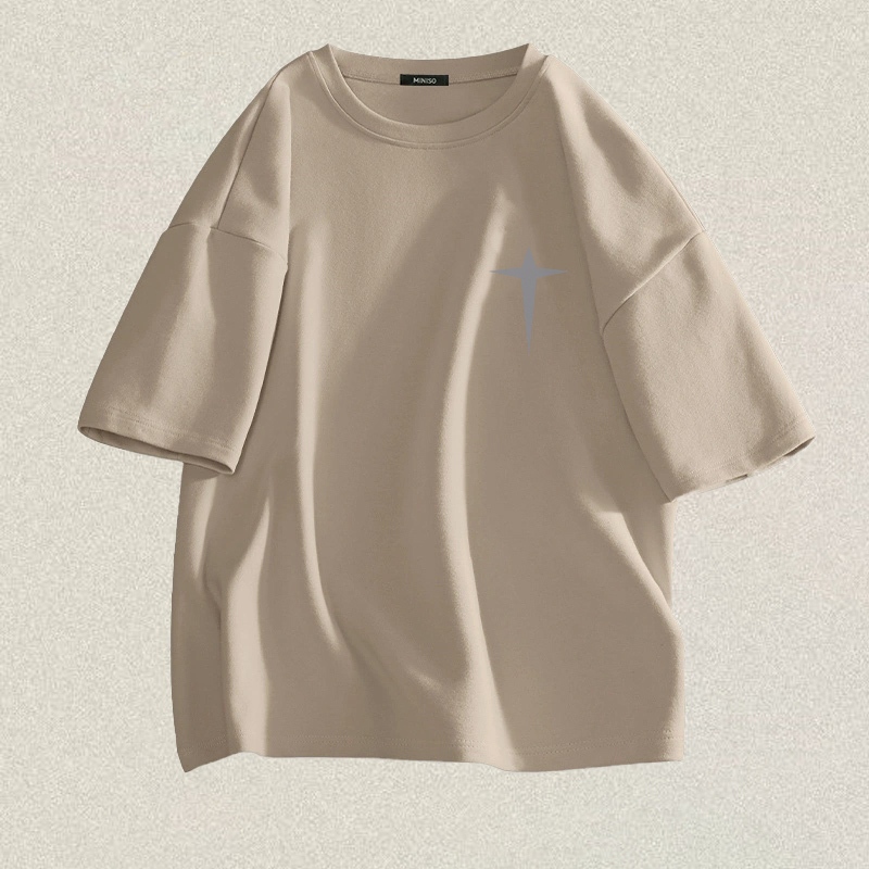 RENELLE Baju Kaos Oversize Pria | Kemeja Lengan Pendek Khaki Dengan Motif Salib Kecil Dan Bintang | 