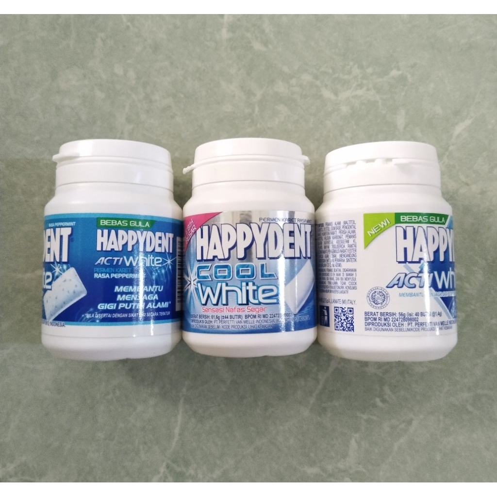 

permen karet happydent actiwhite bebas gula 56g (isi 40btr) happydent bubble gum cool white 61,6g (sktr 44btr)