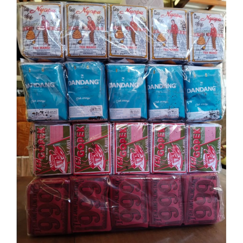 

4 SLOP/PACK TEH RACIAN ISI TEH NYAPU , DANDANG BIRU,GOPEK DAN TEH 999 (PER SLOP ISI 10X40GR)
