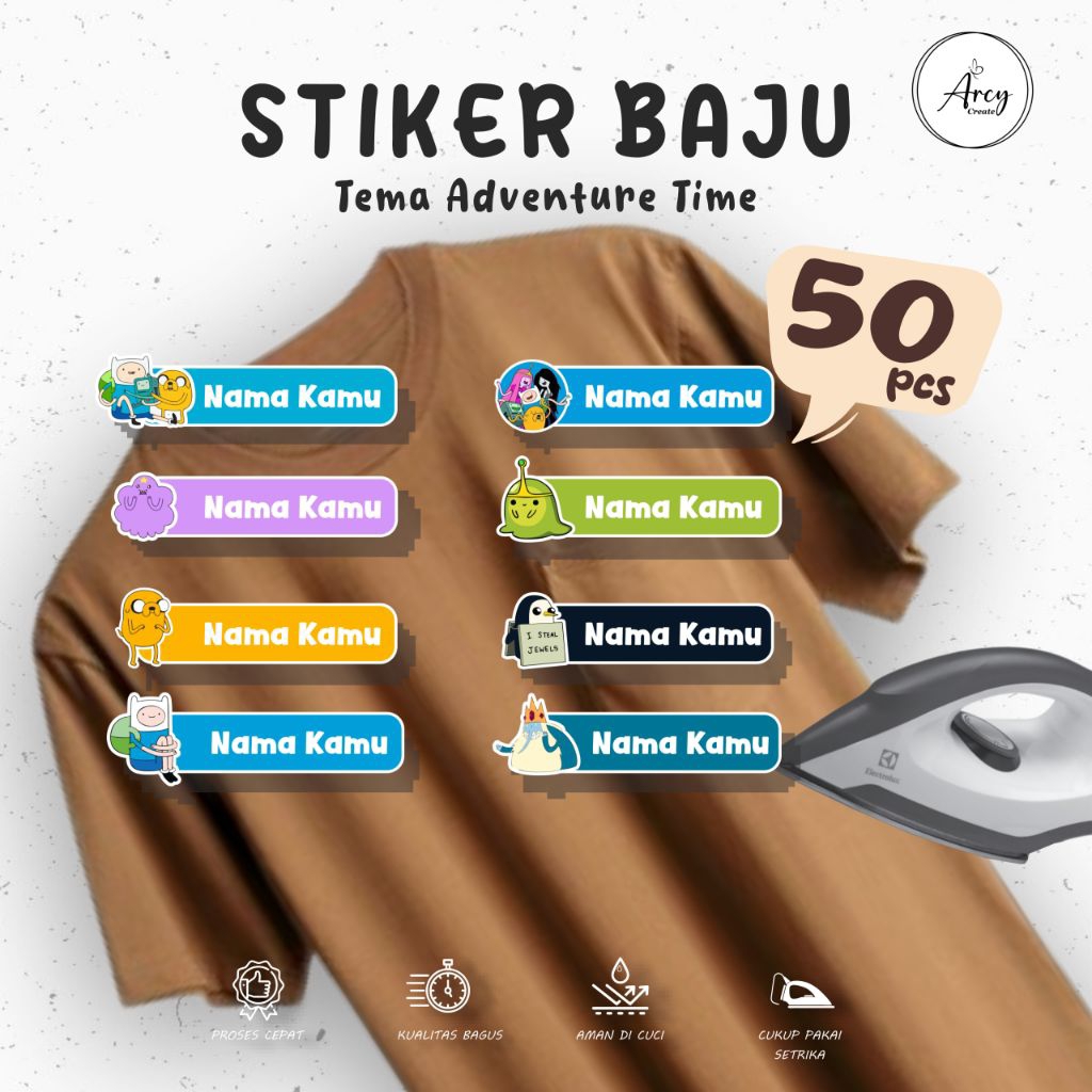 

( 50pcs ) Custom Cetak Stiker Kain Label Nama DTF tema Adventure Time Sablon Setrika