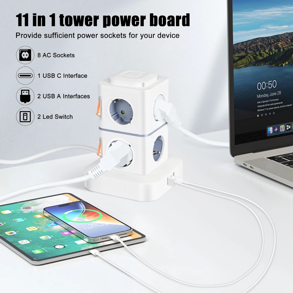 NINNE Stop Kontak Power Socket Strip Tower Colokan Listrik 2500W 2 Susun 8 Soket - NN812 - White