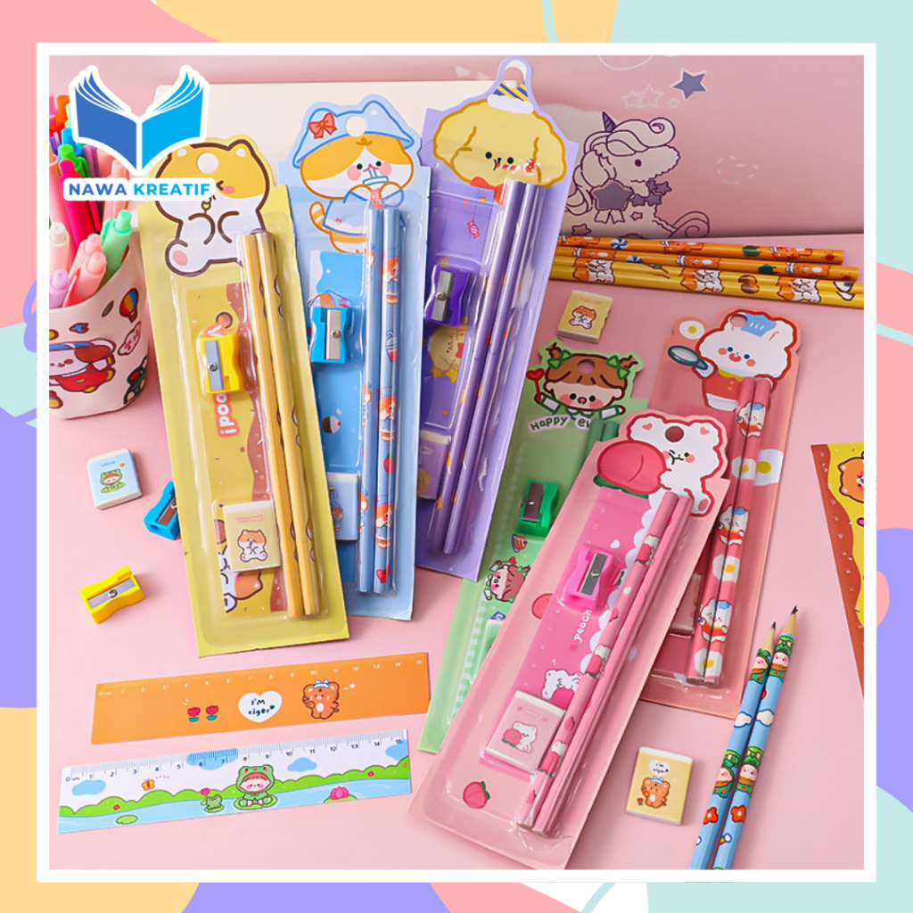 

NAWA Set Alat Tulis 5 in 1 Karakter Lucu Pensil 2, Penghapus, Pengaris, Rautan,