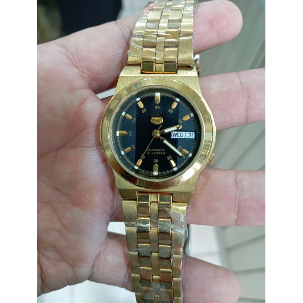 jam tangan klasik seiko 5 automatic gold dial hitam elegan normal semua