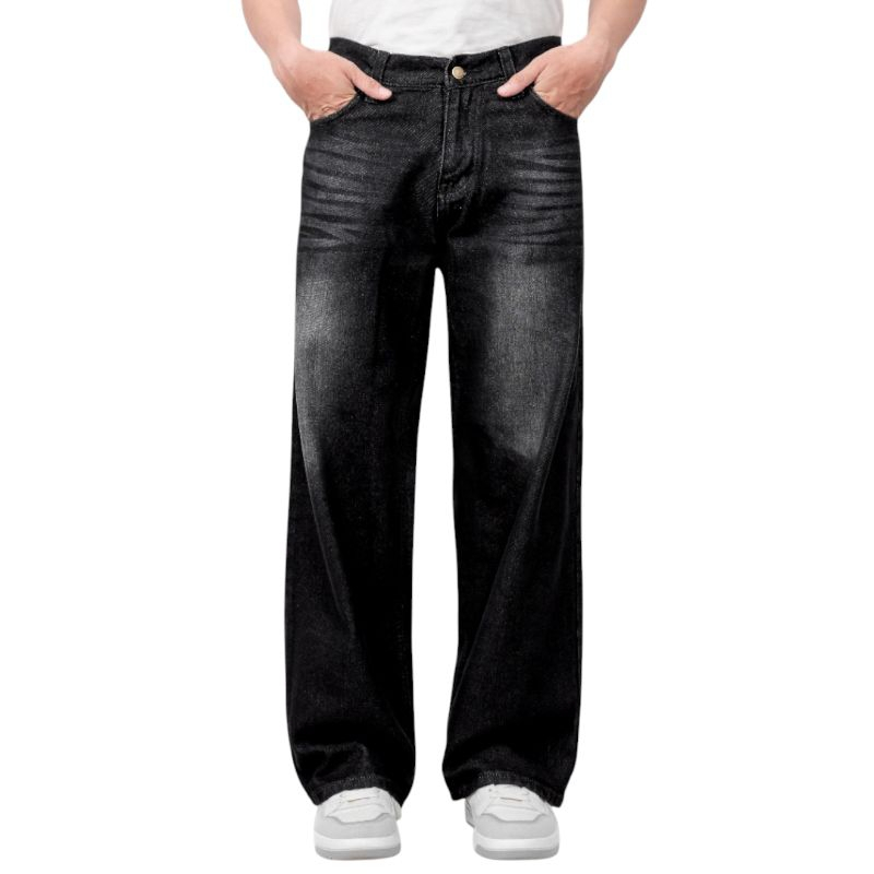 Celana Gombrong Pria Skena Jeans Cowok Panjang Wide Leg Wisker Gombrang Loose Pants Black Denim