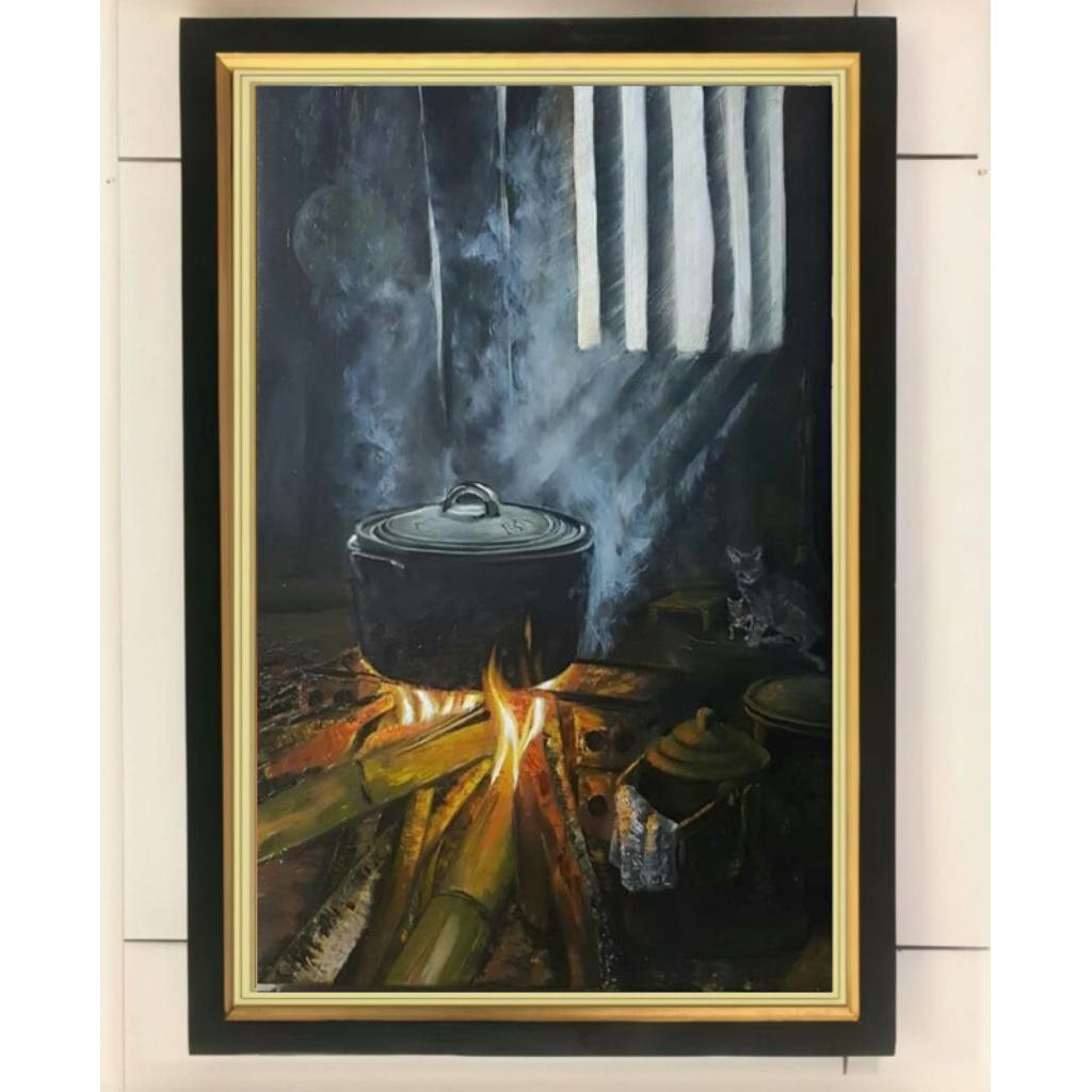 hiasan dinding lukisan cetak Pawon tungku kayu bakar tradisional plus bingkai ukuran 65×45