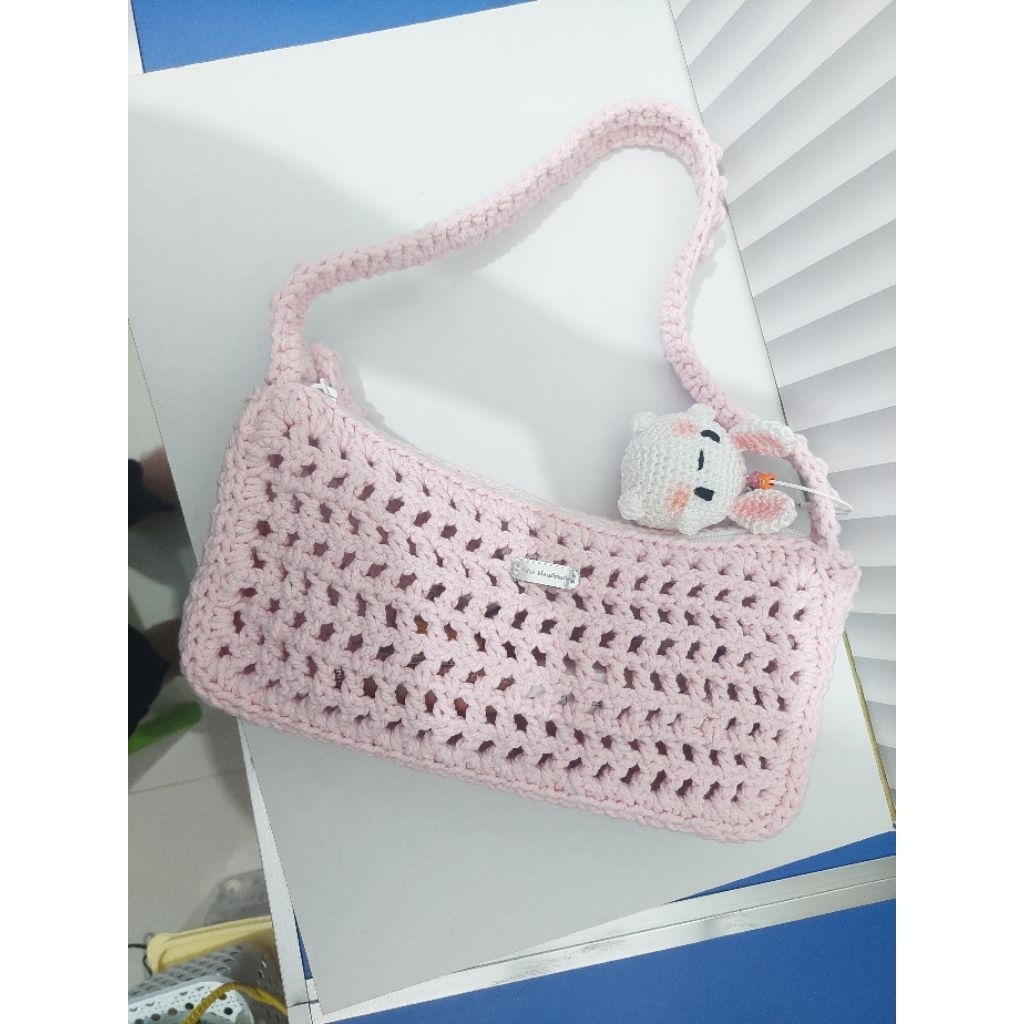 Tas Rajut lolly pink macrame selempang wanita