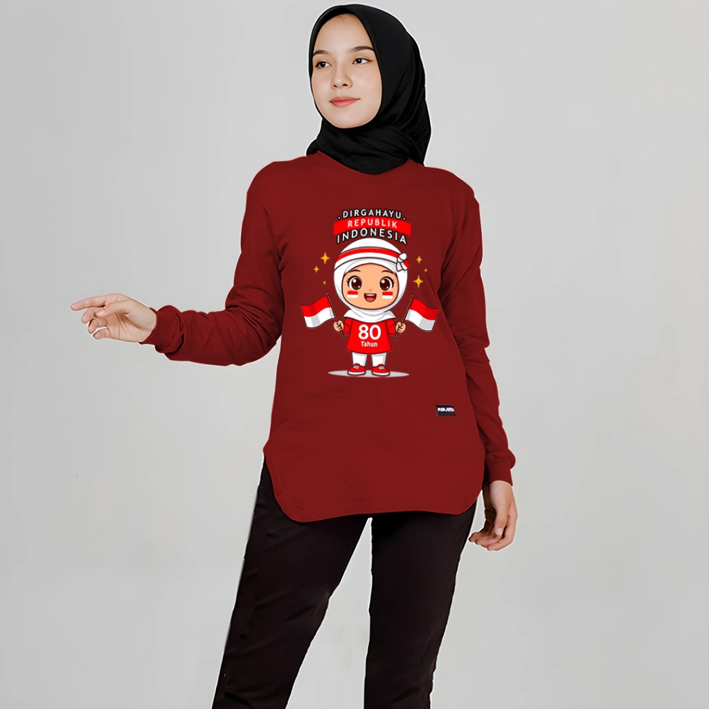 baju kaos wanita lengan panjang kaos merah putih agustusan kemerdekaan wanita kekinian bahan tebal