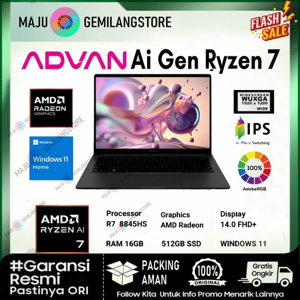 Laptop Advan AI GEN 16/512 AMD RYZEN 7 8845HS Ram 16gb SSD 512gb OS windows 11 original AiGEN - Gara