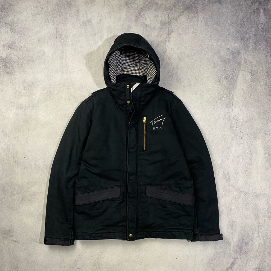 T0M*Y H1LF1G3R NYC Black Washed Heavyweight Duck Canvas Active Hooded Jacket Casual Harrington Work 