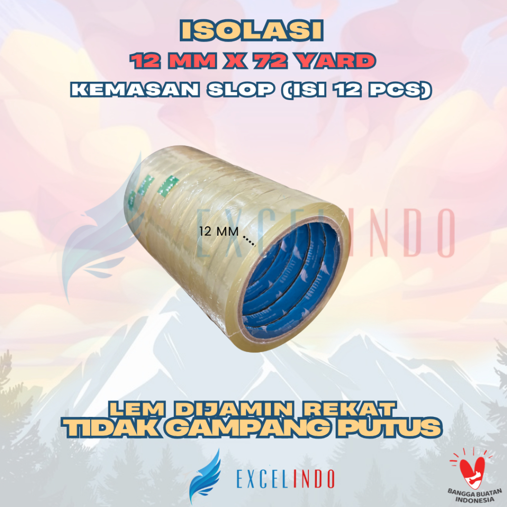 

(1 SLOP/DAPAT 12 PCS) GROSIR EXCELINDO Isolasi / Isolasi / Selotip / Stationery Tape 1/2 inch 12mm x 72 YARD REAL PREMIUM QUALITY