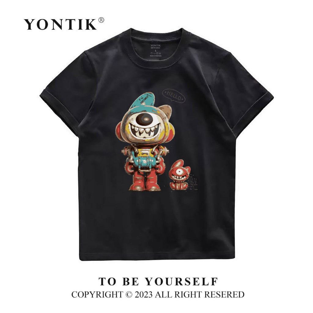 Yontik Kaos Hitam Logo Kartun 100% ORI Premium Motif "MONSTER CARTOON" Unisex Katun 24S Cewe Cowo Ba