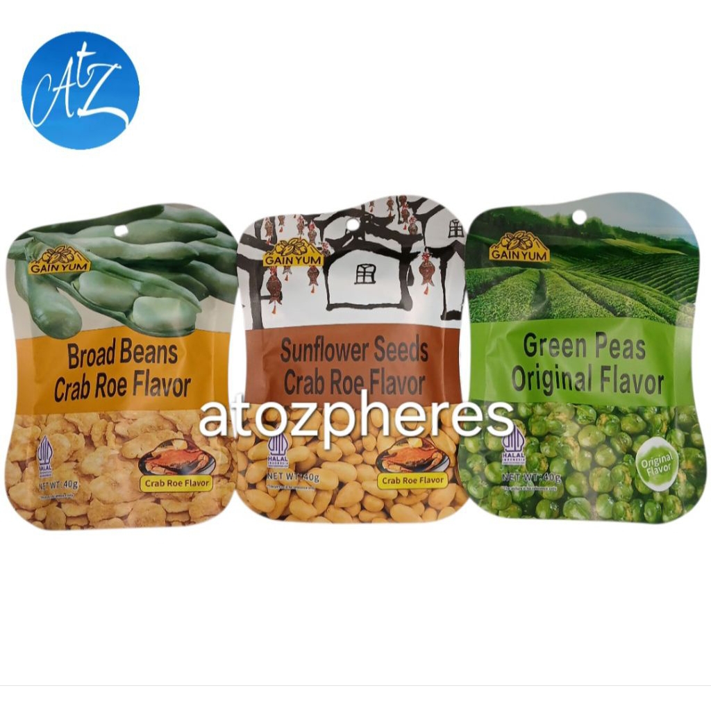 

Cemilan snek makanan ringan kacang koro / biji kuaci rasa telur kepiting / polong asli halal MUI GAIN YUM GanYuan Gan Yuan Foods Kam Yuens Crab Roe Flavor flavour Broad Beans / Sunflower Seeds / Original Green Peas 40g