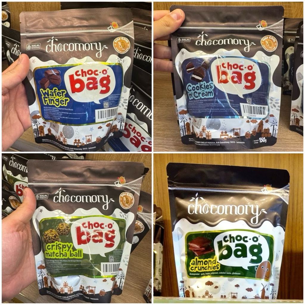 

Choco Bag Chocomory Bandung Wafer Finger Matcha Ball Almond Crunchies Cookies Cream 150 gram