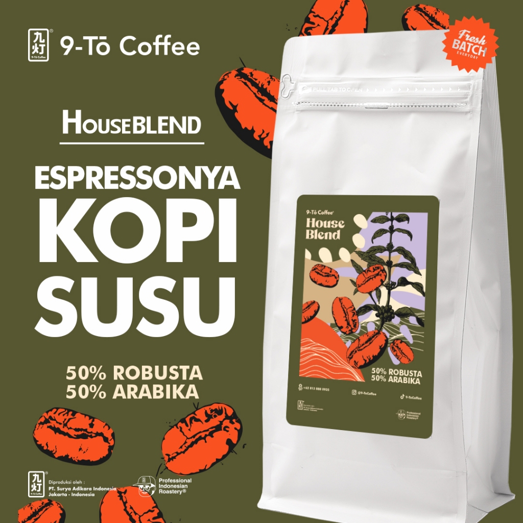 

9-To Coffee Kopi Susu Blend 50% Arabika 50% Robusta 1Kg Biji Kopi Indonesia