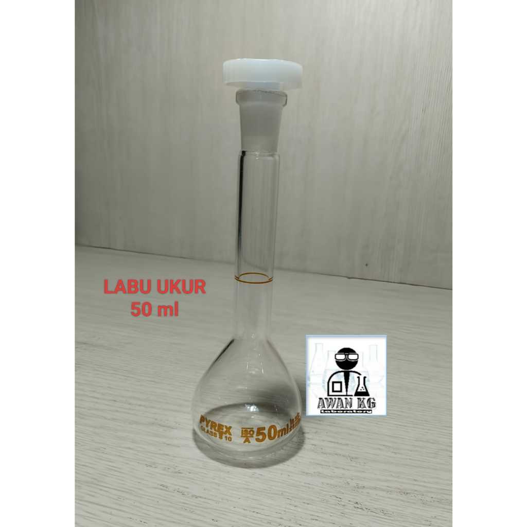 Labu ukur 50ml pyrex dengan tutup kaca / tutup plastik grade A labu takar 50 ml