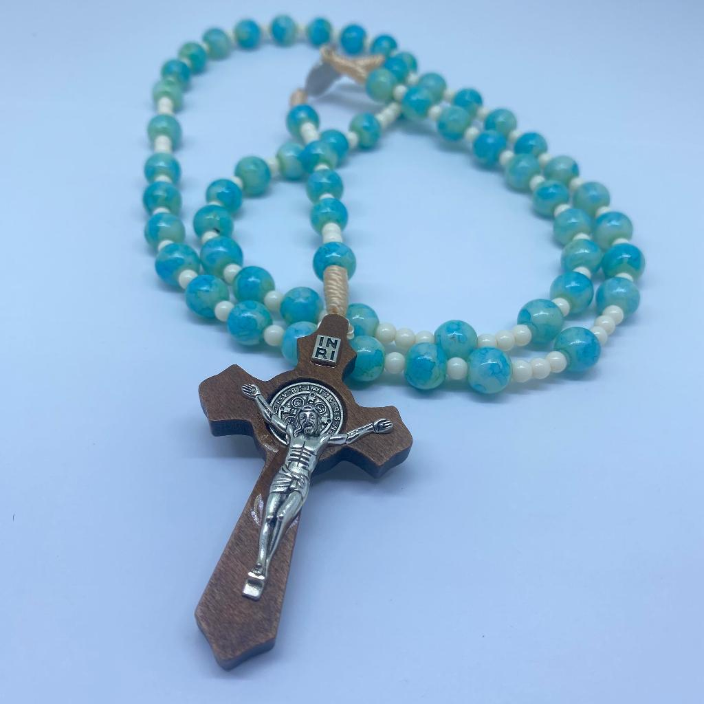 Kalung Rosario Benedictus Bahan Batu Biru Gradasi