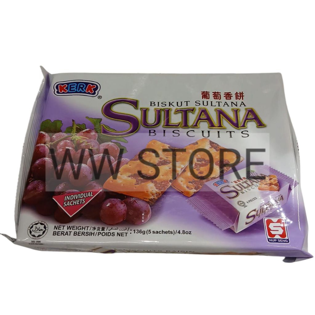 

Biskuit kismis anggur HUPSENG HUP SENG KERK Sultana Biscuit Grape Biscuits 136g isi 5 pack packs sachet sachets