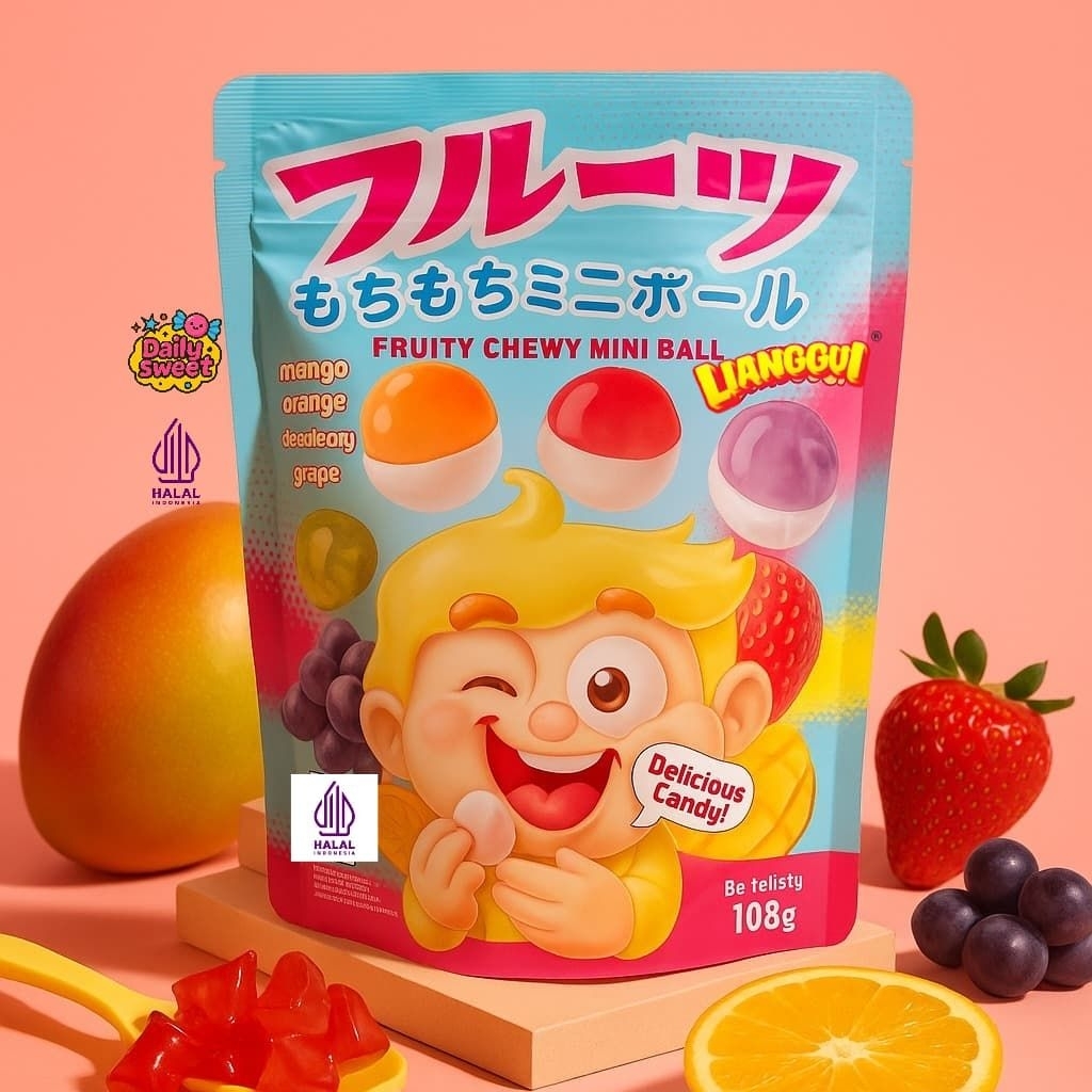 

[LIANGGUI] FRUITY CHEWY MINI BALL, PERMEN LUNAK ANEKA RASA BUAH JERUK, STROBERI, ANGGUR, MANGGA, CANDY FLAVORS MANGO, ORANGE, STRAWBERRY,GRAPE, CEMILAN, MANIS, ASEM