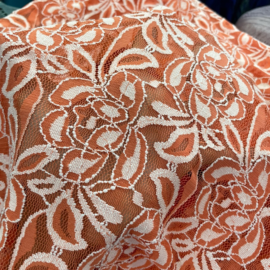 kain brokat street - kain brokat street motif bunga premium - warna orange - kain brokat premium aur