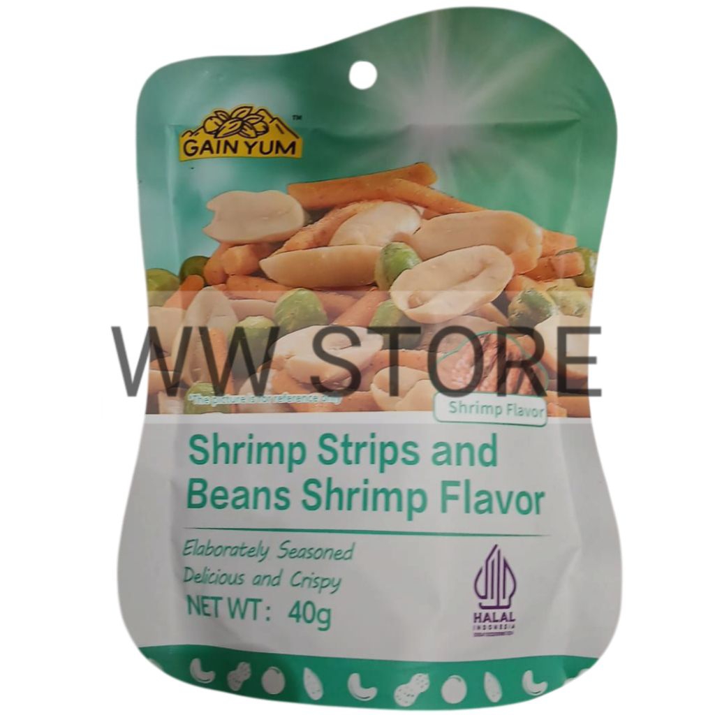 

Kacang Goreng rasa Udang halal MUI GAIN YUM Shrimp Strips and Beans Shrimps Flavor 40g