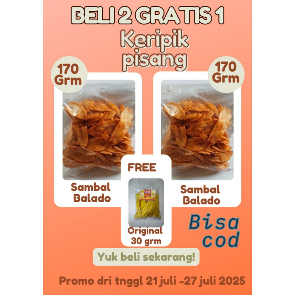 

keripik pisang rasa sambal balado 170grm beli 2 gratis1(30 grm original)