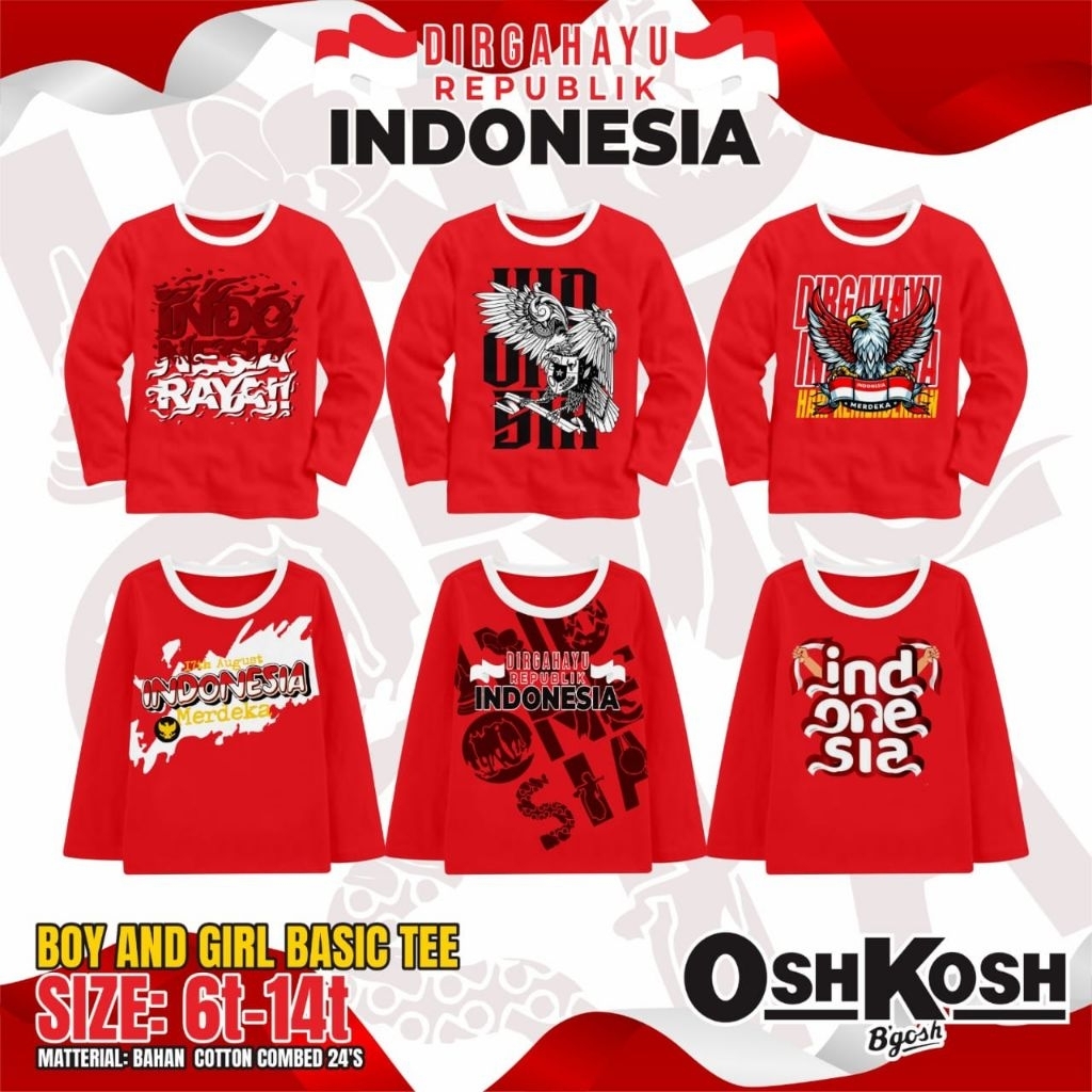 Kaos Kemerdekaan size 6T-14T/Kaos Merah Putih lengan Panjang/Kaos Merah Putih Lengan Pendek