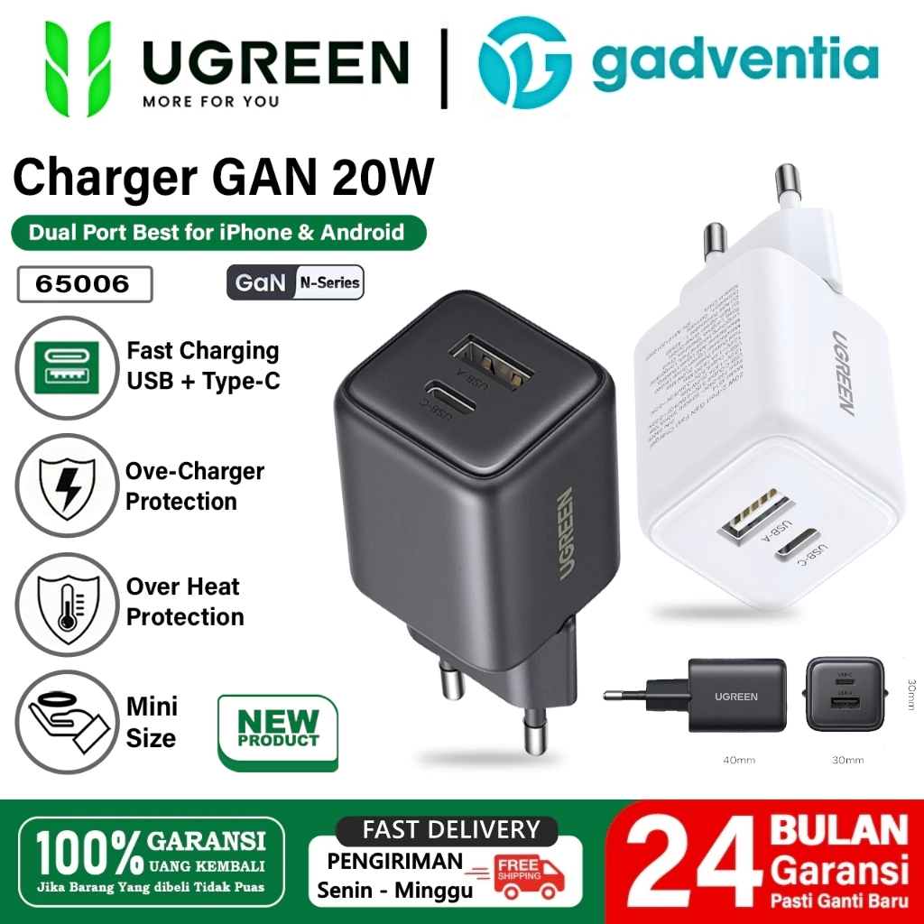 UGREEN Kepala Charger Dual Port USB A &  USB Type C Adaptor USB C Dual Port Fast Charging 20W -  45W