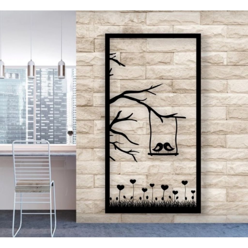 Hiasan Dinding Minimalis Elegan Motif Burung Pohon Rumput Love bahan besi laser cutting