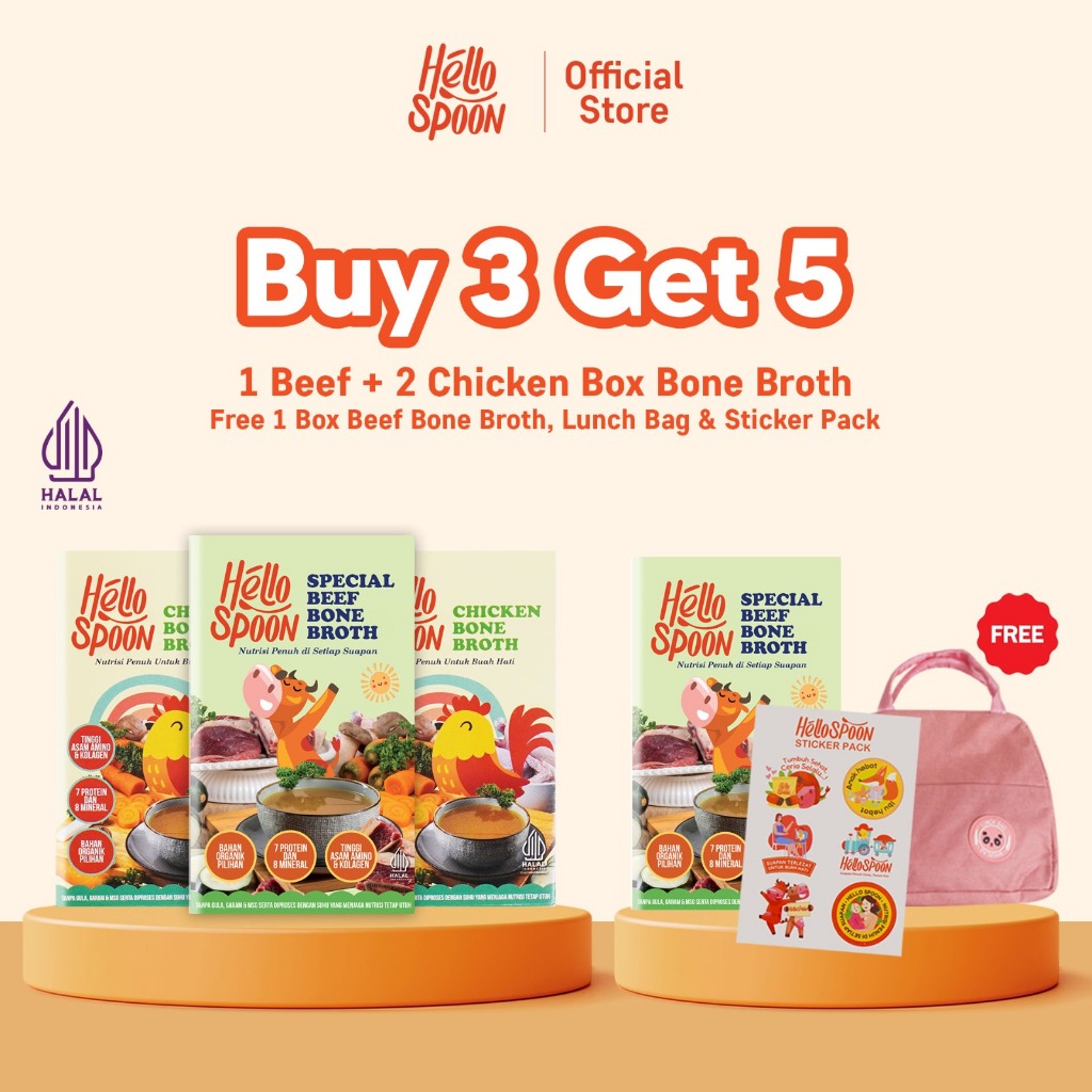 

[BUY 3 GET 5] - 1 BEEF BONE BROTH & 2 CHICKEN BONE BROTH Hello Spoon FREE 1 Box Beef Bone Broth & Tas Bekal - 100% bahan alami - Tanpa MSG & Pengawet