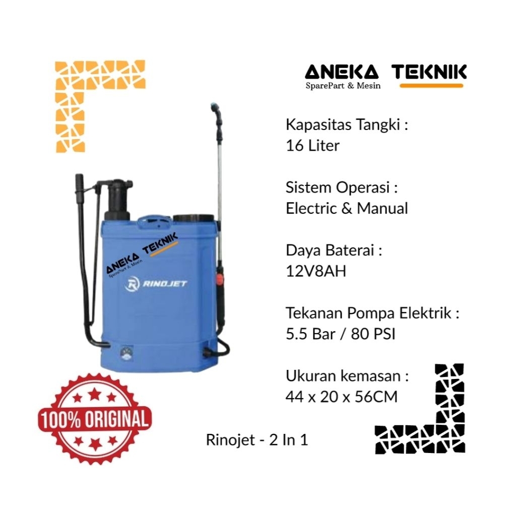 Aneka Teknik - Sprayer / Alat Semprot Hama Rinojet 2 In 1 Fungsi Electric & Manual Tangki 16 Liter A