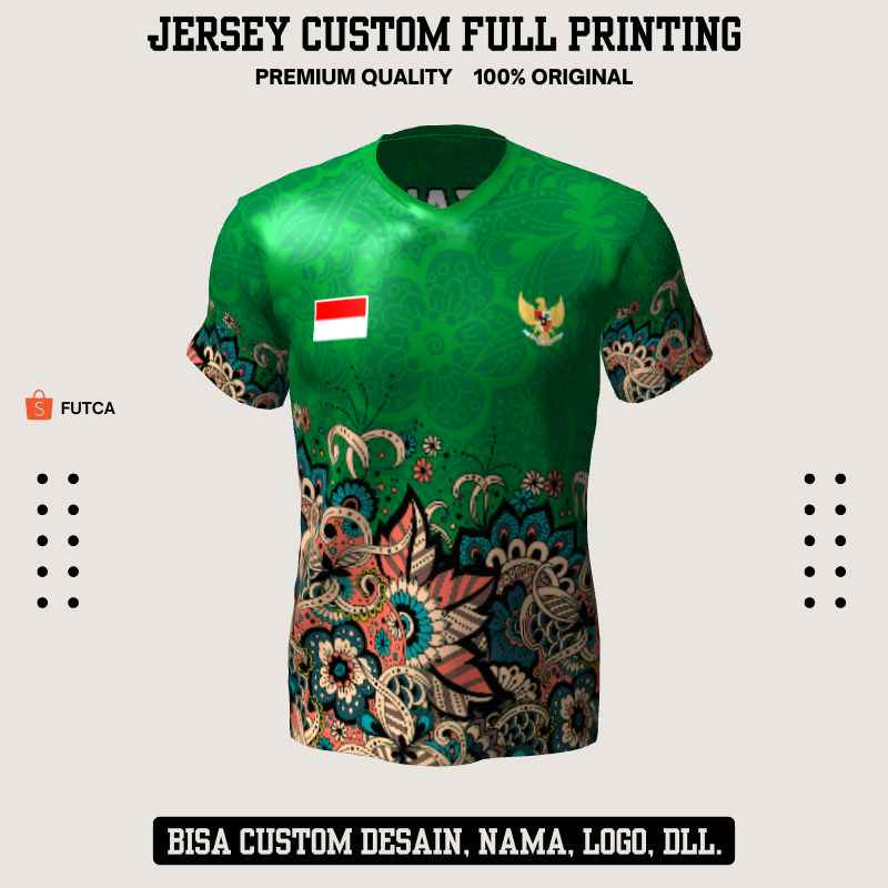 Kaos Jersey Futsal Hijau Motif Batik 215 - Jersey Olahraga Custom Full Printing