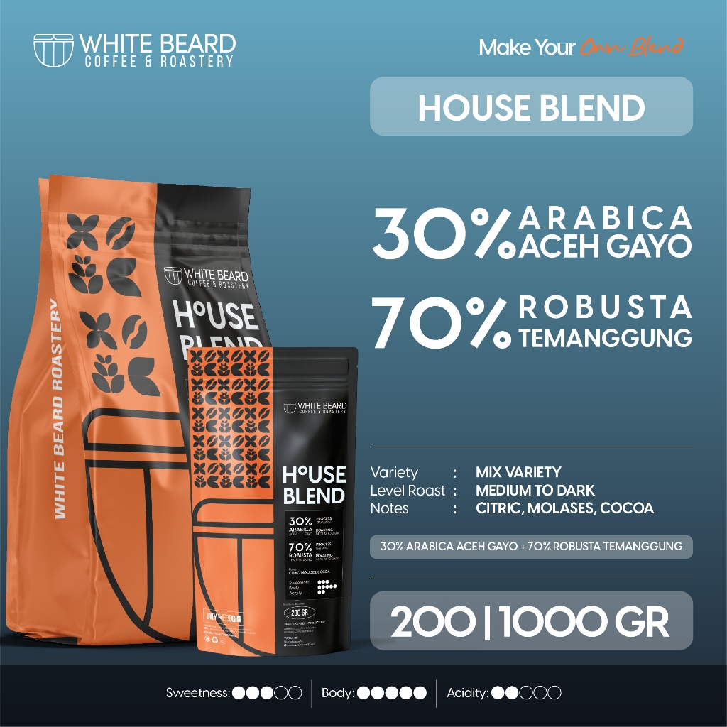 

Whitebeard - Houseblend 30% Arabika Gayo 70% Robusta Temanggung Biji Kopi Bubuk Espresso 200 gr 1 kg