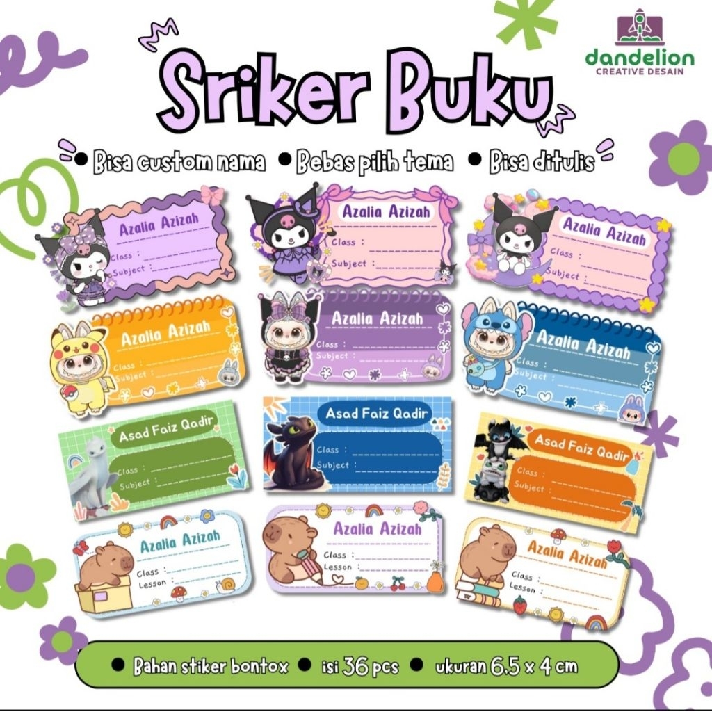 

( Isi 36 Pcs ) Sticker Buku Anak Sekolah / Stiker Label Sekolah Free Custom Nama Karakter Kartun Anak - Anak